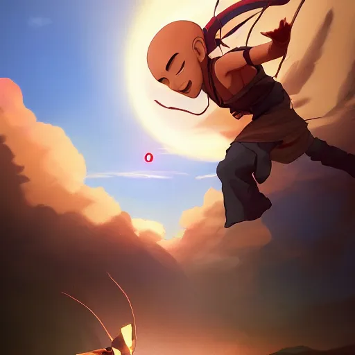 Image similar to aang from avatar the last airbender riding appa, sunset, behance hd by jesper ejsing, by rhads, makoto shinkai and lois van baarle, ilya kuvshinov, rossdraws radiating a glowing aura global illumination ray tracing hdr