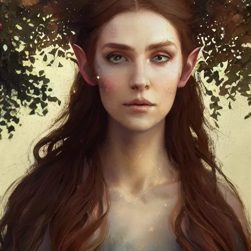 Prompt: portrait of a proud elf, her hair is copper, she is a wood elf, shade and sparkles, trees and leave are surrounding her, calm piece, masterpiece, oil on canvas, art by Greg Rutkowski and Karakter, trending on artstation, delicate, sharp focus, 4k, digital art