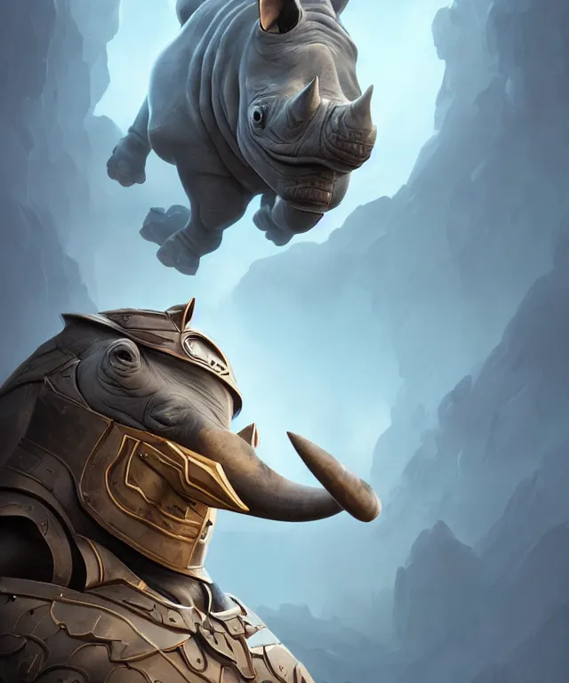 Image similar to A beautiful portrait of an anthropomorphic rhino wearing paladin armor, character design, by Pixar style by Tristan Eaton_Stanley Artgerm and blizzard studios and Tom Bagshaw, hyper realism, high detail, trending on artstation, unreal engine 5, Lumen, 8k, 38mm photography