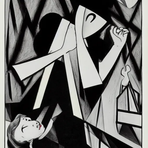Prompt: the somnambulist from the cabinet of dr. caligari playing a large moog modular synthesizer, style of aubrey beardsley, portrait of handsome!! man playing modular synthesizer