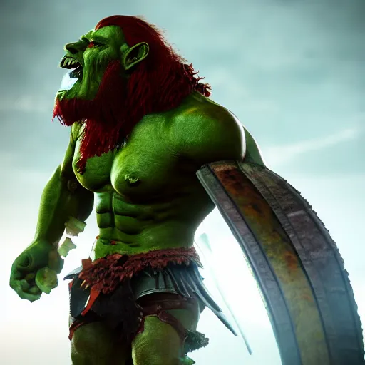 Image similar to beautiful redhead orc with warrior outfit, clash royal style characters, unreal engine 5, octane render, detailed, cinematografic, cinema 4 d