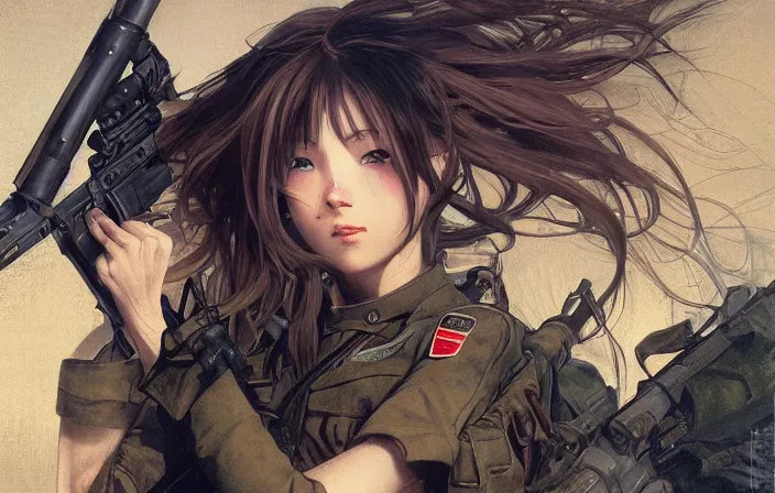 Prompt: infantry girl, soldier under heavy fire, anime style, long hair, hair down, symmetrical facial features, from girls frontline, hyper realistic, pale skin, rule of thirds, extreme detail, 4 k, detailed drawing, trending artstation, hd, trading card, by alphonse mucha, greg rutkowski, sharp focus, backlit