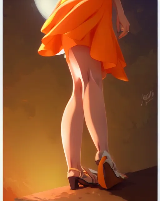 Image similar to blond woman in an orange ripped short dress, by artgerm, by studio muti, greg rutkowski makoto shinkai takashi takeuchi studio ghibli