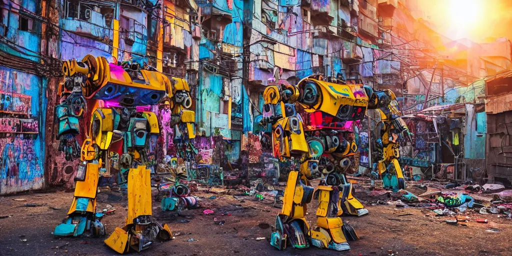 Image similar to colourful - damaged - giant mecha ROBOT of neon lit AJEGUNLE SLUMS of Lagos, markings on robot, Golden Hour,