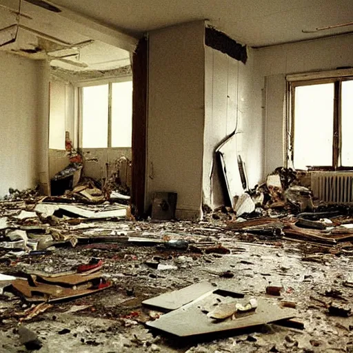 Image similar to The conceptual art shows a scene of total destruction. A room has been completely wrecked, with furniture overturned, belongings strewn about, and debris everywhere. The only thing left intact is a single photograph on the wall. This photograph is the only evidence of what the room once looked like. It shows a tidy, well-appointed space, with everything in its place. The contrast between the two images is stark, and it is clear that the destruction was complete and absolute. camouflage by Martin Deschambault imposing