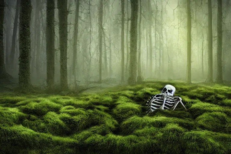 Image similar to human skeleton behind computer overgrown with moss, in forest, dark atmosphere, fantasy illustration, digital art