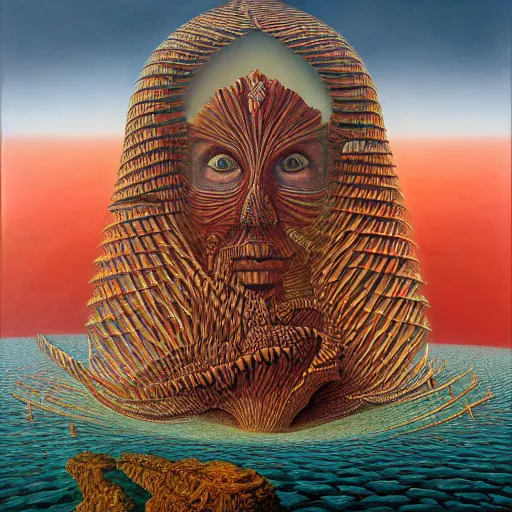 Prompt: the queen of the red sea by jacek yerka, alex gray, zdzisław beksiński, dariusz zawadzki, vladimir kush, jeffrey smith and h.r. giger, oil on canvas, 8k highly professionally detailed, trending on artstation