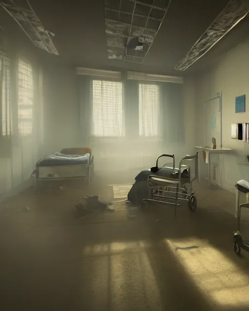 Image similar to artstation scifi scene of a shabby chinese hospital ward, big fan ， dust ， a bunch of light on a business card, bed, wheelchair, window, bedside table, paneled walls, unreal engine 5, hyper realism, realistic shading, cinematic composition, blender render, octane render, hdr, detailed textures, photorealistic, wide shot