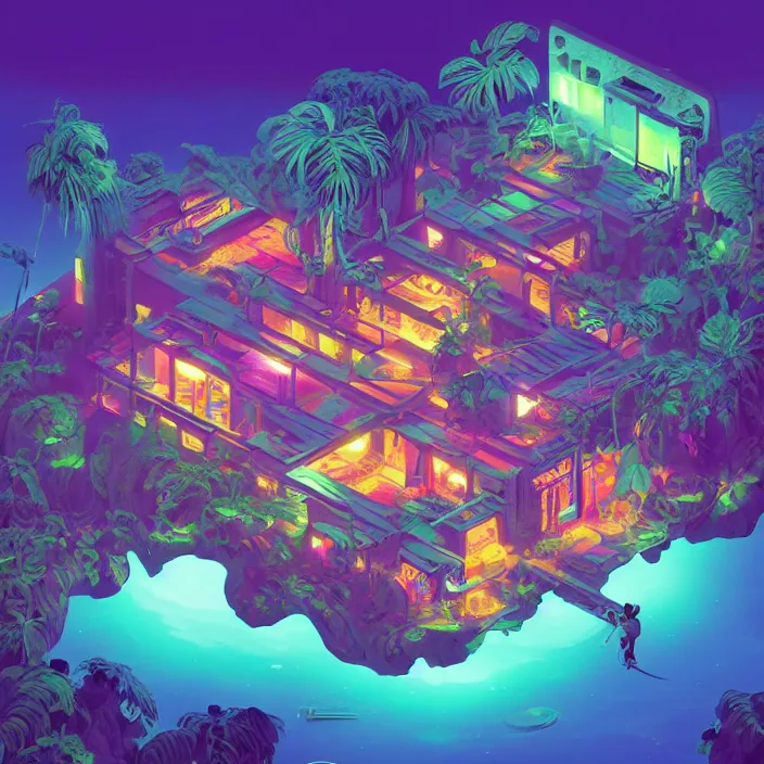 Image similar to a bioluminescent neon tropical cottage by paolo eleuteri serpieri and tomer hanuka and chesley bonestell and daniel merriam and tomokazu matsuyama, unreal engine, high resolution render, featured on artstation, octane, 8 k, highly intricate details, vivid colors, vector illustration