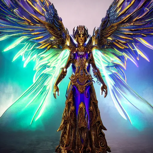 Image similar to a photo of 8 k hyper realistic, octane render archangel with white iridescent wings, full body, intricate purple and yellow neon armor, ornate, standing on front of huge megastructure red doors of heaven, with sword of fire, magical atmosphere, cinematic lighting, trending on artstation, 4 k, hyperrealistic, focused, high details, unreal engine 5