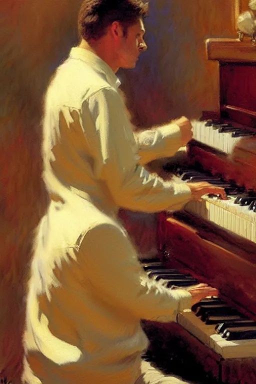 Image similar to attractive man, playing piano, painting by gaston bussiere, craig mullins