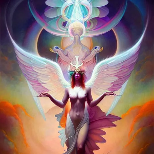 Image similar to psychedelic angelic celestial being artwork of peter mohrbacher, frank xavier leyendecker, energy body, sacred geometry, esoteric art, divinity detailed, saturated colors,