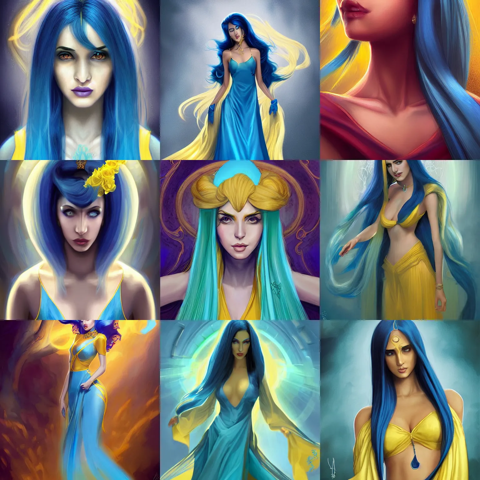 Prompt: Sona is a slender, pale-skinned woman with long blue hair and yellow at the ends. Her robes is a long, elegant gown with a distinctive palette of blue, dark blue, turquoise and gold. portrait digital art by Dave Greco Artgerm, Ross Tran