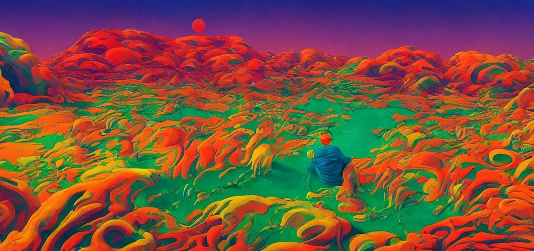 Prompt: a colorful vibrant psychedelic landscape licking a tab of lsd acid on his tongue and dreaming psychedelic hallucinations, with surreal faces, by moebius, edward hopper and james gilleard, zdzislaw beksinski, steven outram colorful flat surreal design, hd, 8 k, artstation