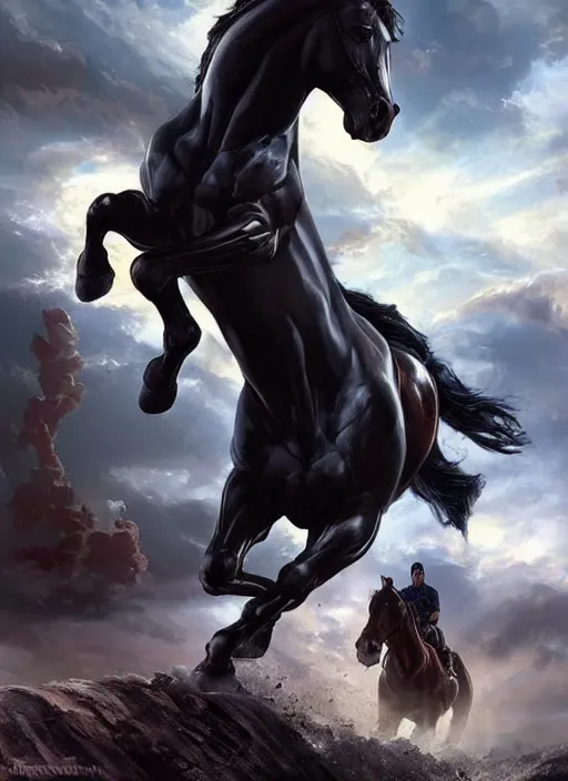 Image similar to the first horseman of the apocalypse is riding a strong big black stallion, horse is running, the strong male rider is carrying the scales of justice, beautiful artwork by artgerm and rutkowski, breathtaking, beautifully lit, dramatic, full view