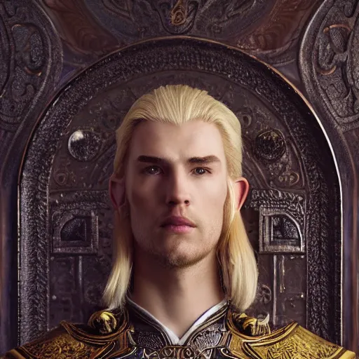 Image similar to the elder scrolls vi, charismatic regal blonde high elf male jarl, portrait, exquisitely designed throne room, atmospheric lighting, painted, intricate, volumetric lighting, beautiful, daytime, sunny weather, sharp focus, deep colours, ultra detailed, by leesha hannigan, ross tran, thierry doizon, kai carpenter, ignacio fernandez rios