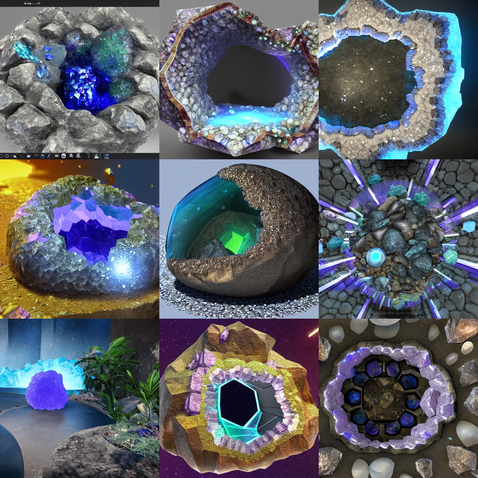 Image similar to open geode with crystals that reflects a multiverse, photorealism, unreal engine