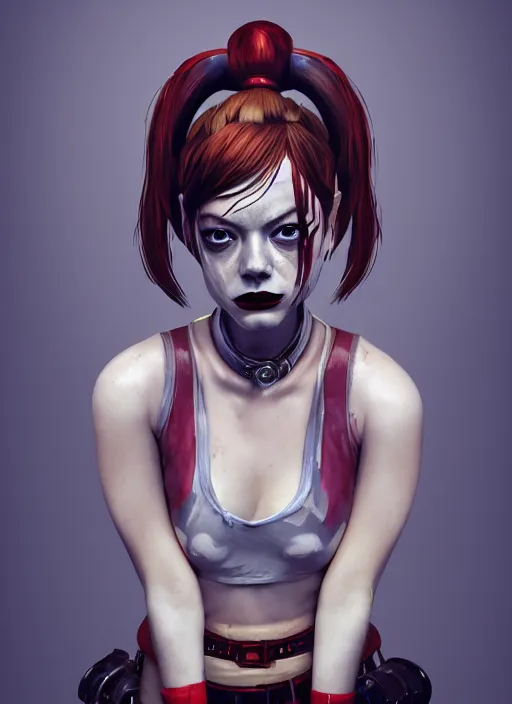 Prompt: lofi biopunk portrait of emma stone as harley quinn, au naturel, hyper detailed, digital art, trending in artstation, cinematic lighting, studio quality, smooth render, unreal engine 5 rendered, octane rendered, art style by klimt and nixeu and ian sprigger and wlop and krenz cushart.