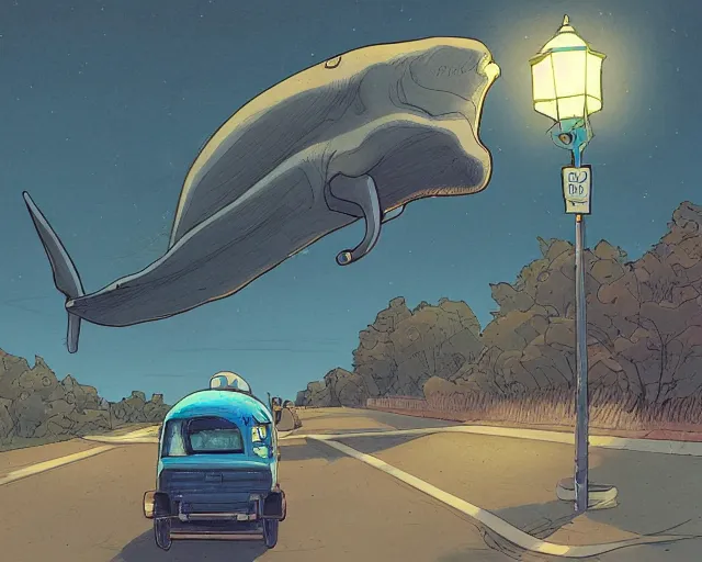 Prompt: a study of cell shaded cartoon of a flying blue whale on a country road, street lamps, road, illustration, wide shot, subtle colors, post grunge, concept art by josan gonzales and wlop, by james jean, Victo ngai, David Rubín, Mike Mignola, Laurie Greasley, highly detailed, sharp focus, alien, Trending on Artstation, HQ, deviantart, art by artgem