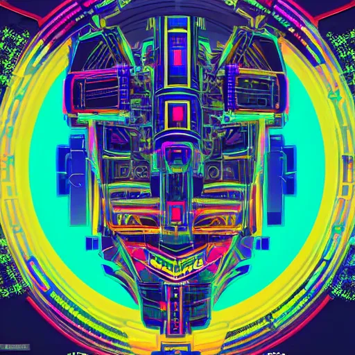 Image similar to hyperdetailed portrait of a cyberpunk aztec futurism robot head, 8 k, symetrical, flourescent colors, halluzinogenic, multicolored vector art, black background