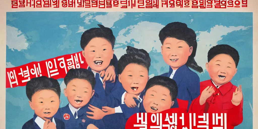 Image similar to north korean propaganda poster full of happy children