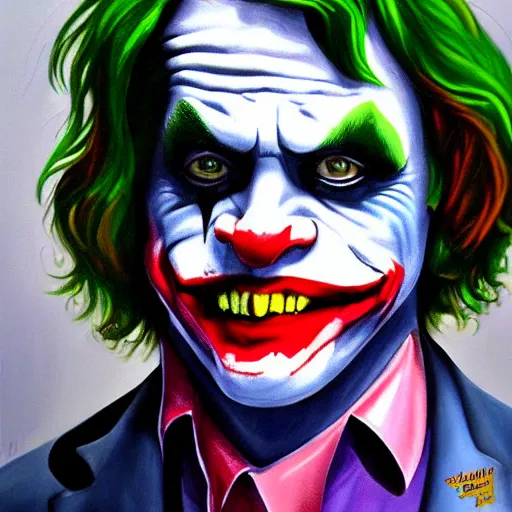 Prompt: mark hamill as the joker, portrait, oil painting, cartoon style