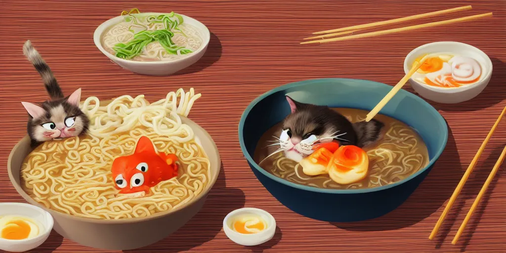 Prompt: A happy cat holding chopsticks and eating a bowl of ramen, hyper realistic, insane detail, Pixar