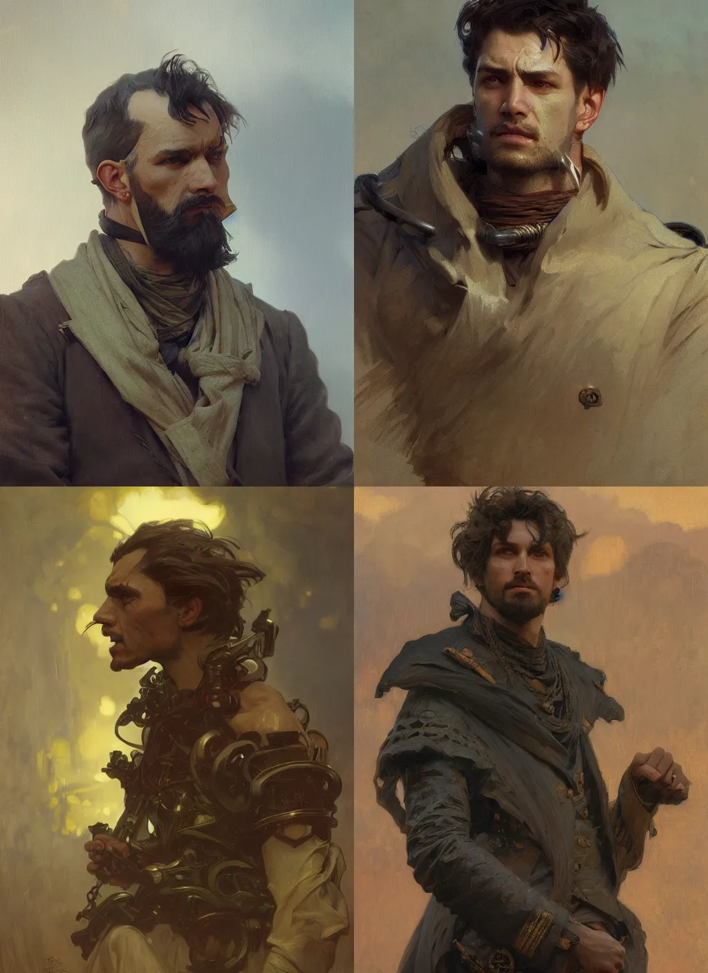 Prompt: Concept Art Portrait Handsome Man snarling seductively, Mecha, Highly detailed by greg rutkowski, Ilya repin, alphonse mucha, and Edmund Blair Leighton. Very highly detailed 8K, octane, Digital painting, the golden ratio, rational painting, sharp