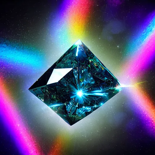 Prompt: exploding diamond with fragments lit up by rainbow light, octane render