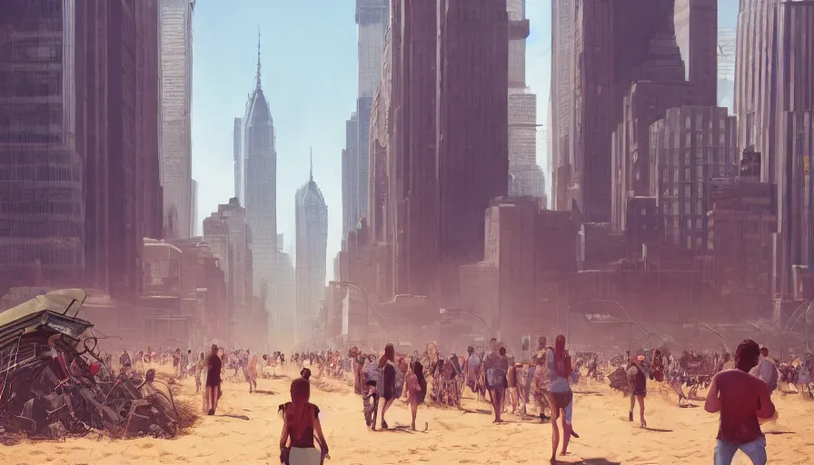 Image similar to new york city under tons of sans, sand dunes, people walking, heat wave, hyperdetailed, artstation, cgsociety, 8 k