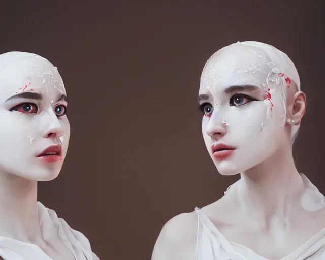 Prompt: a film still of two synthetic female human oracles wrapped in white cloth, beautiful, tribal facepaint, neotokyo, cinematic lighting, 3 5 mm, high resolution, 4 k