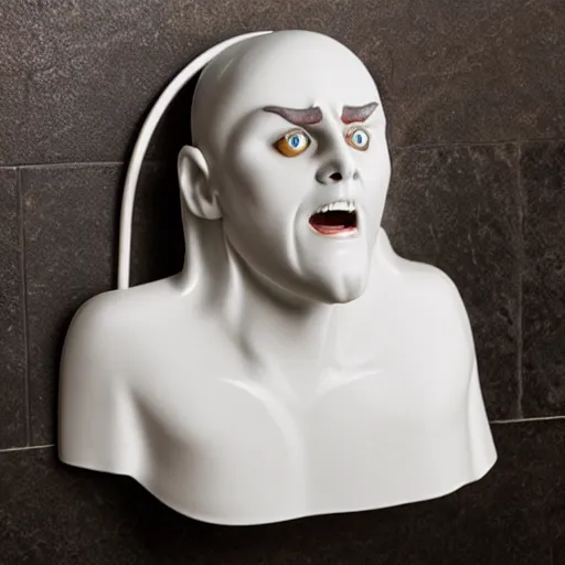 Prompt: photo of a porcelain urinal in the shape of jared leto's head with his mouth very wide open