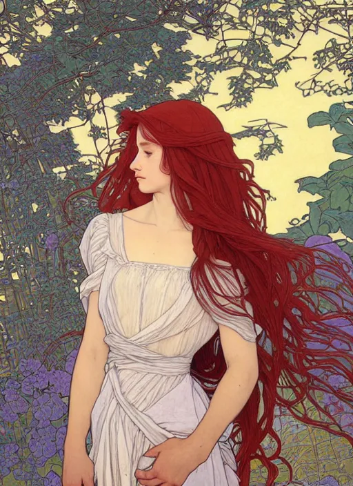 Prompt: young woman resembling alicia vikander with long red hair, wearing a dress, building a castle on the wooden floor in an old wooden house, path traced, highly detailed, high quality, digital painting, by studio ghibli and alphonse mucha, leesha hannigan, hidari, art nouveau, chiho aoshima, jules bastien - lepage