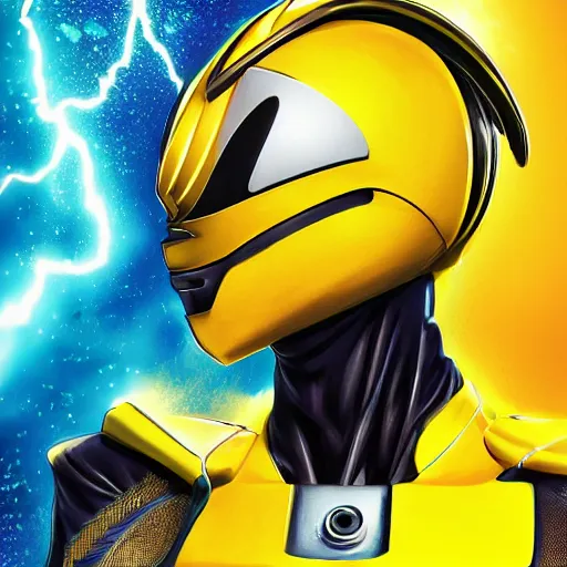 Image similar to symmetry!! portrait, head only, yellow ranger, thunderbolt - helmet!!, artstation, art by murata, art by oda echiiro, art by tatsuki fujimoto, lightning helmet, 3 d, jumpsuit, gloves, futuristic poster,