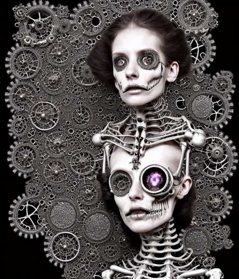 Prompt: highly detailed photo portrait of complex bio-mechanical beautiful young female undead skeletal cyborg with a Mandelbrot fractal steampunk metal fine lace face, retrofuturistic depressing hopeless horrific vibe, radiating dark energy aura, curled silver hair and a fine metal floral foliage super big lace collar by Alexander McQueen:: high fashion, haute couture, rococo, steampunk, silver filigree details, anatomical, facial muscles, cable wires, microchip, elegant, hyper realistic, 150 mm lens, soft rim light, octane render, unreal engine, volumetric lighting, 8k, muted reflective metallic coloring, sharp focus