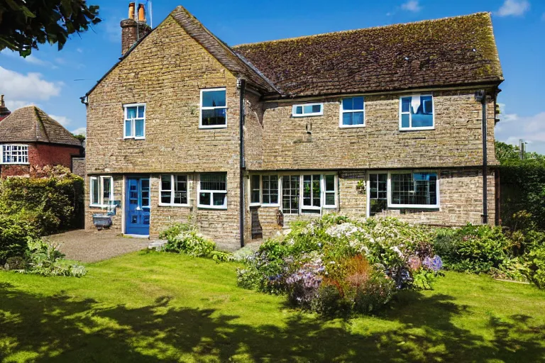 Image similar to cyberpunk, an estate agent listing photo, external view of a 5 bedroom detached countryside house in the UK, summer, sunny day, by Takashi Murakami