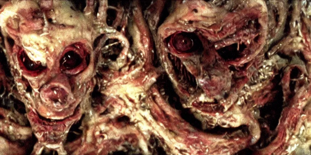 Image similar to filmic close up dutch angle movie still 35mm film color photograph of the snarling distorted deformed human face of a mutated abstract shape shifting organism made of human internal organs, disgusting dissected human tissue with a variety of grotesquely randomly strewn together animal limbs, in the style of a horror film The Thing 1982