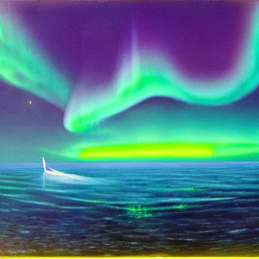 Prompt: a surrealist painting of the aurora borealis in an underwater scene.