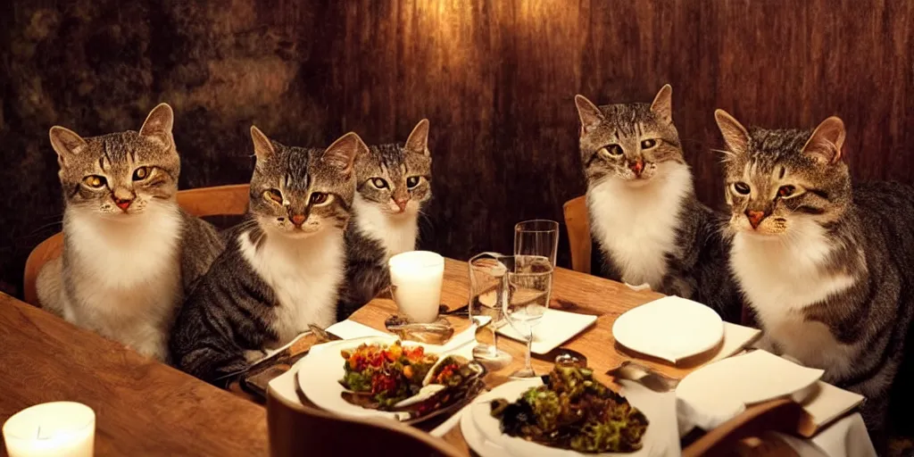Image similar to sophisticated cats dressed up eating dinner at a fancy restaurant, very atmospheric lighting