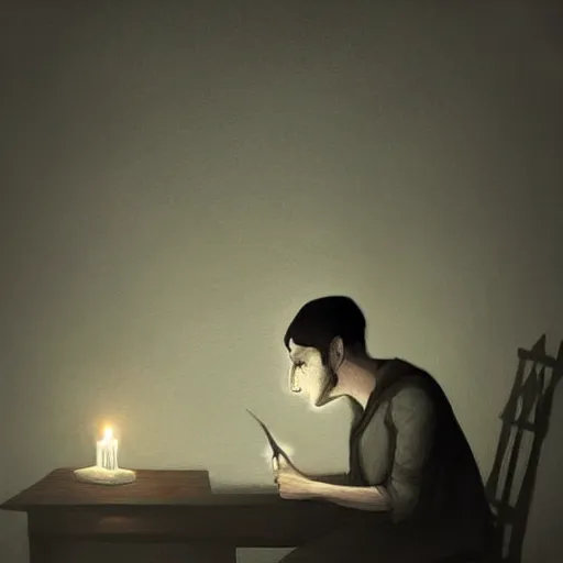 Image similar to A man sits in a dark and gloomy room, the only light is a flickering jittery candle, he writes by the candle in a journal, in a gothic and atmospheric style, artstation digital art, trending on artstation, artstationHQ, artstationHD.