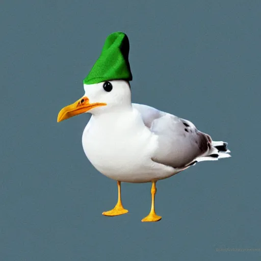 Image similar to Seagull wearing luigis hat, realistic