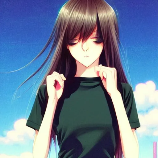 Prompt: attractive elegant sophisticated reservedyoung woman, slim figure, perfect silky straight hair, smooth tan skin, dark circles under bemused eyes, hip emo fashion, tshirt!!, shorts!!, illustrated for newtype magazine!! by range murata!!!, pinterest, very interesting digital painting, beautiful portrait!!!