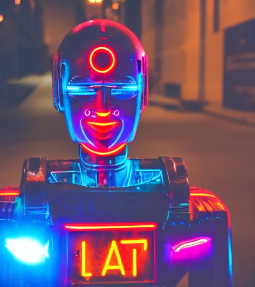 Image similar to portrait of robot lowlight neon lights, cinematic,4k,35mm,street photo, epic