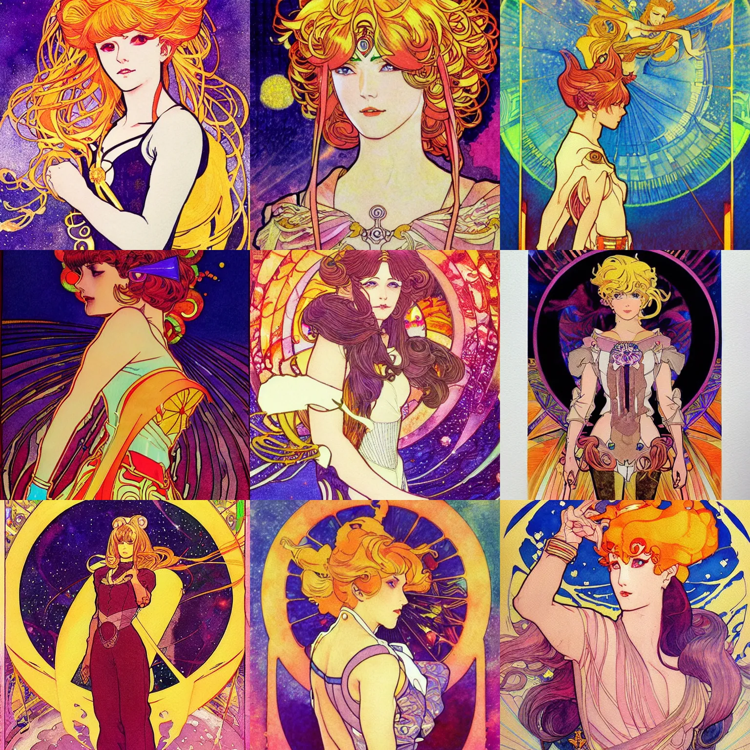 Prompt: the sailor galaxia. beautiful, realistic painting by mucha and kuvshinov and bilibin and malevich. synthwave watercolor, thick lining, manga, soviet realism