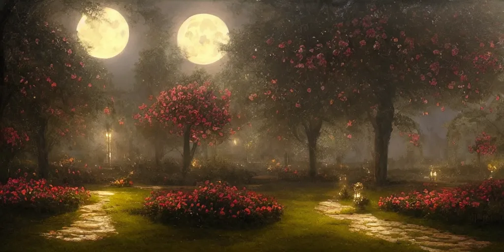 Image similar to A beautiful oil painting of a garden filled with roses and trees, nighttime, bright moonlight, big moon, high contrast colors, magical atmosphere, by greg rutkowski, trending on artstation