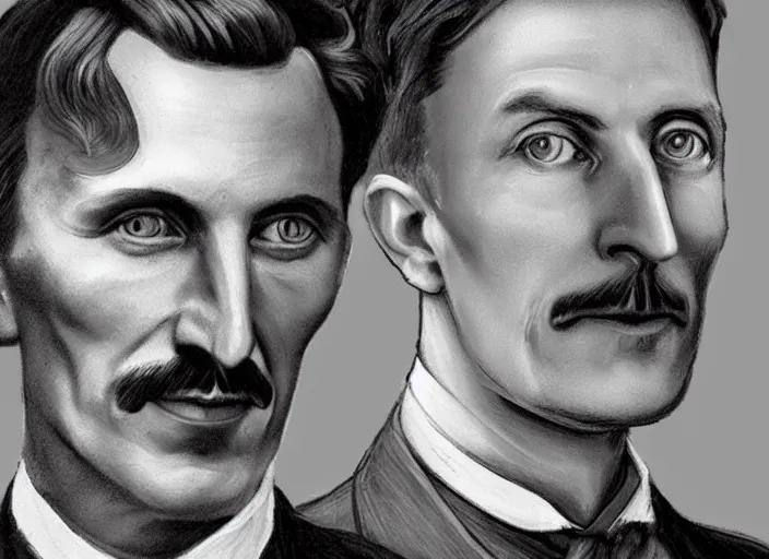 Prompt: portrait of NIKOLA TESLA and ELON MUSK together in the style of Davinci