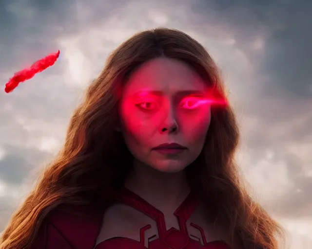 Image similar to movie still of elizabeth olsen as the scarlet witch afloat!!!!! in the air with red glowing eyes, emanating red magic!!!!! from her palms, full - body portrait, trending on artstation, 8 k quality, cgsociety contest winner, artstation hd, artstation hq, luminous lighting, beautiful cloudy atmosphere