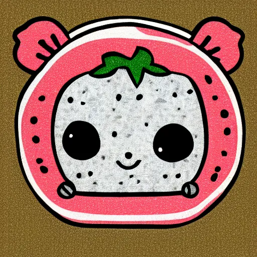 Prompt: pencil sketch of cartoon diecut sticker of cute kawaii watermellon slice with white border and light gray background on paper