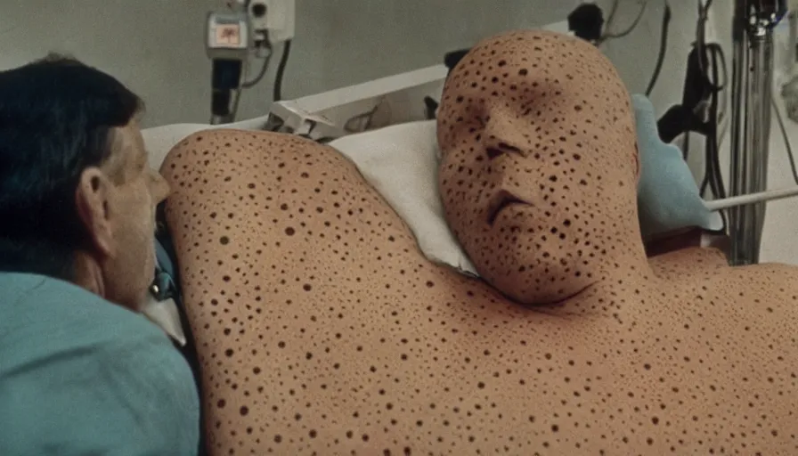 Image similar to 70s movie still of a man with deep trypophobia skin in hospital, eastmancolor, heavy grain, high quality, higly detailed, liminal space