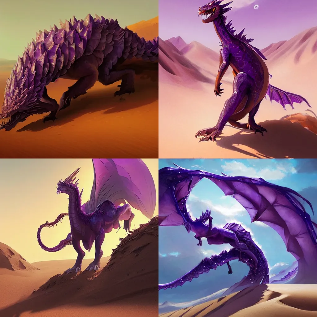 Prompt: Painting of a gorgeous Amethyst Dragon lying upon a desert dune, her scales glistening like crystal shards, digital art by Greg Rutkowski